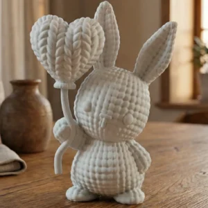 Figurina Iepuras 3D "Knitted" cu Inima - Compozit Premium