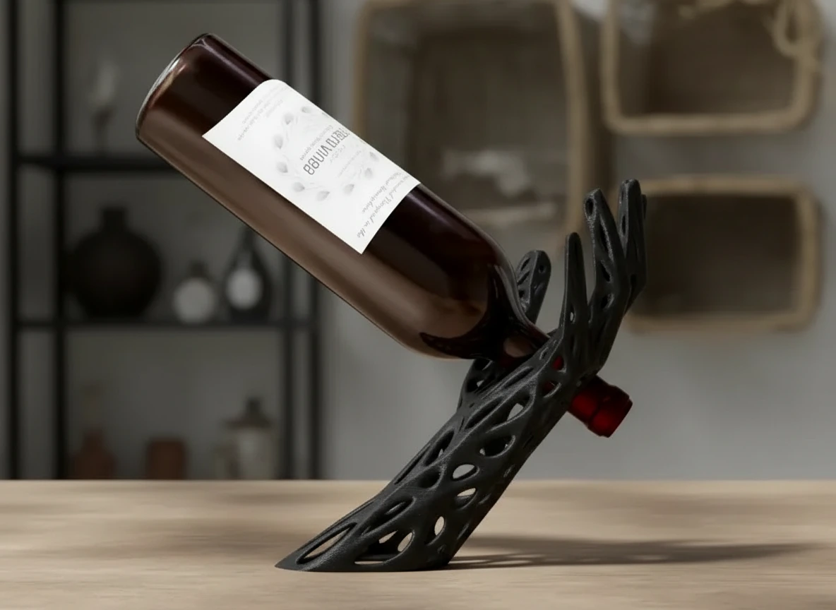 Suport Sticlă Vin Design Sculptural Autoportant Imprimat 3D - culoare black scene, produs imprimat 3D Vibecraft