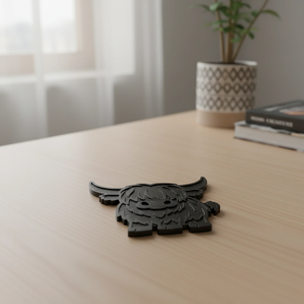Suport Pahar Decorativ Imprimat 3D Model Bovină Highland - culoare vibecraft Suport Pahar Decorativ Imprimat 3D Model Bovină Highland cf black lifestyle, produs imprimat 3D Vibecraft