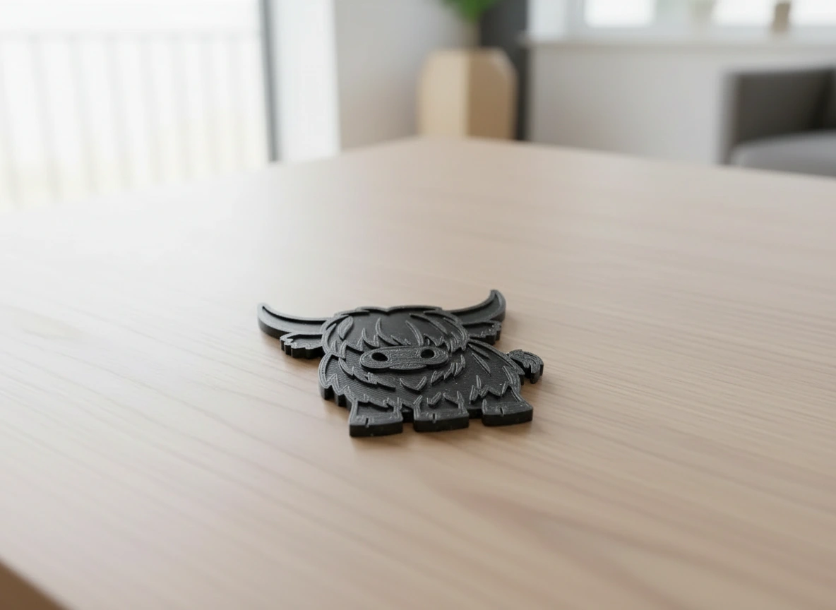 Suport Pahar Decorativ Imprimat 3D Model Bovină Highland - culoare vibecraft Suport Pahar Decorativ Imprimat 3D Model Bovină Highland cf black scene, produs imprimat 3D Vibecraft