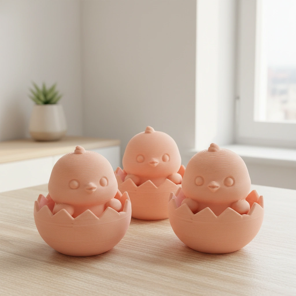 Set 3 Mini Figurine Decorative Puișori Ieșiți din Ouă - culoare Skin / Piersică mat, imprimare 3D Vibecraft