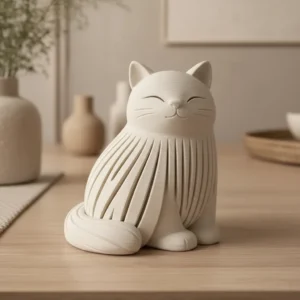 Figurină Decorativă Pisică, Stil Japandi, Design Modern Minimalist - culoare white scene, produs imprimat 3D Vibecraft