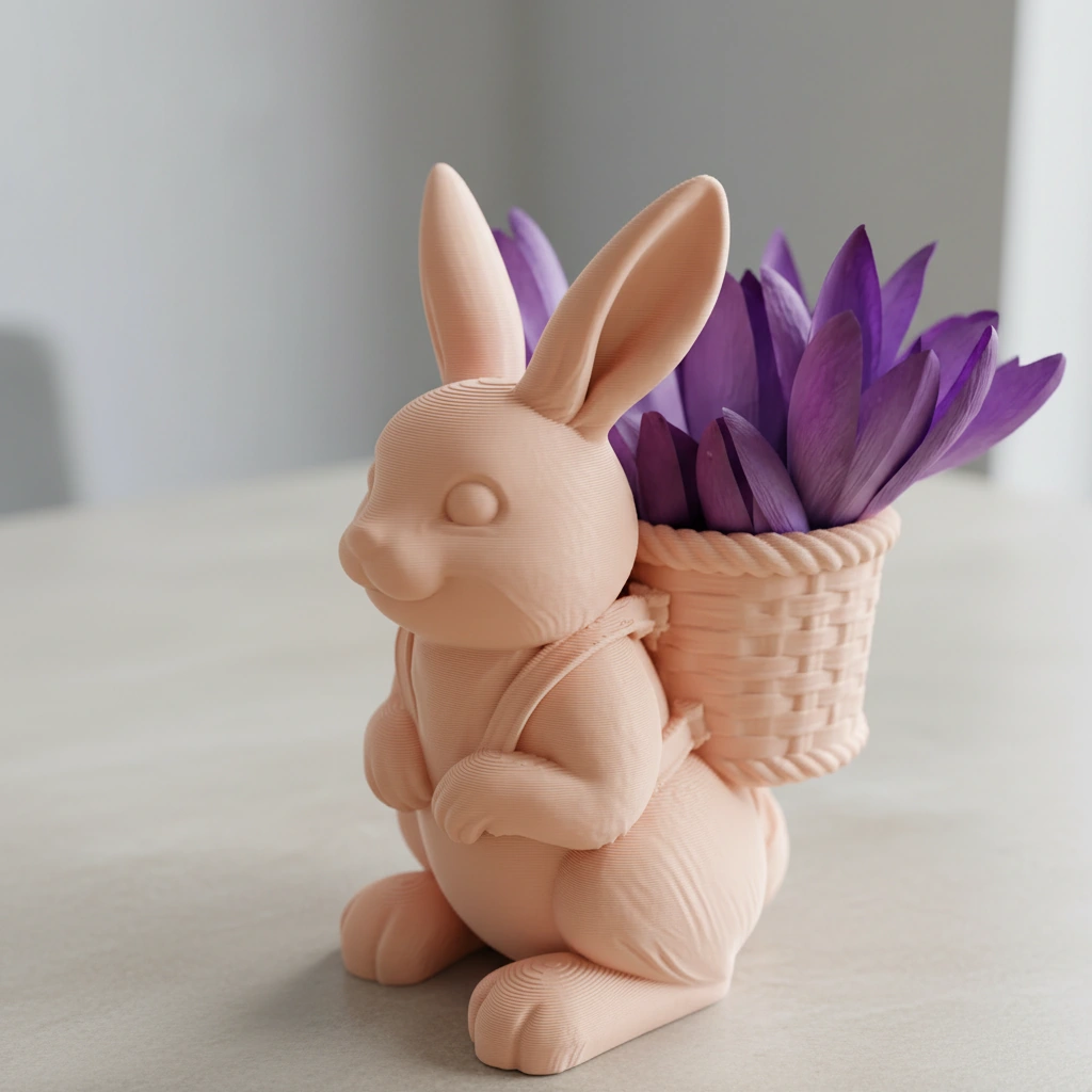 Figurină Decorativă Iepuraș cu Coș pentru Flori Mici 8cm - culoare Skin / Piersică mat, imprimare 3D Vibecraft