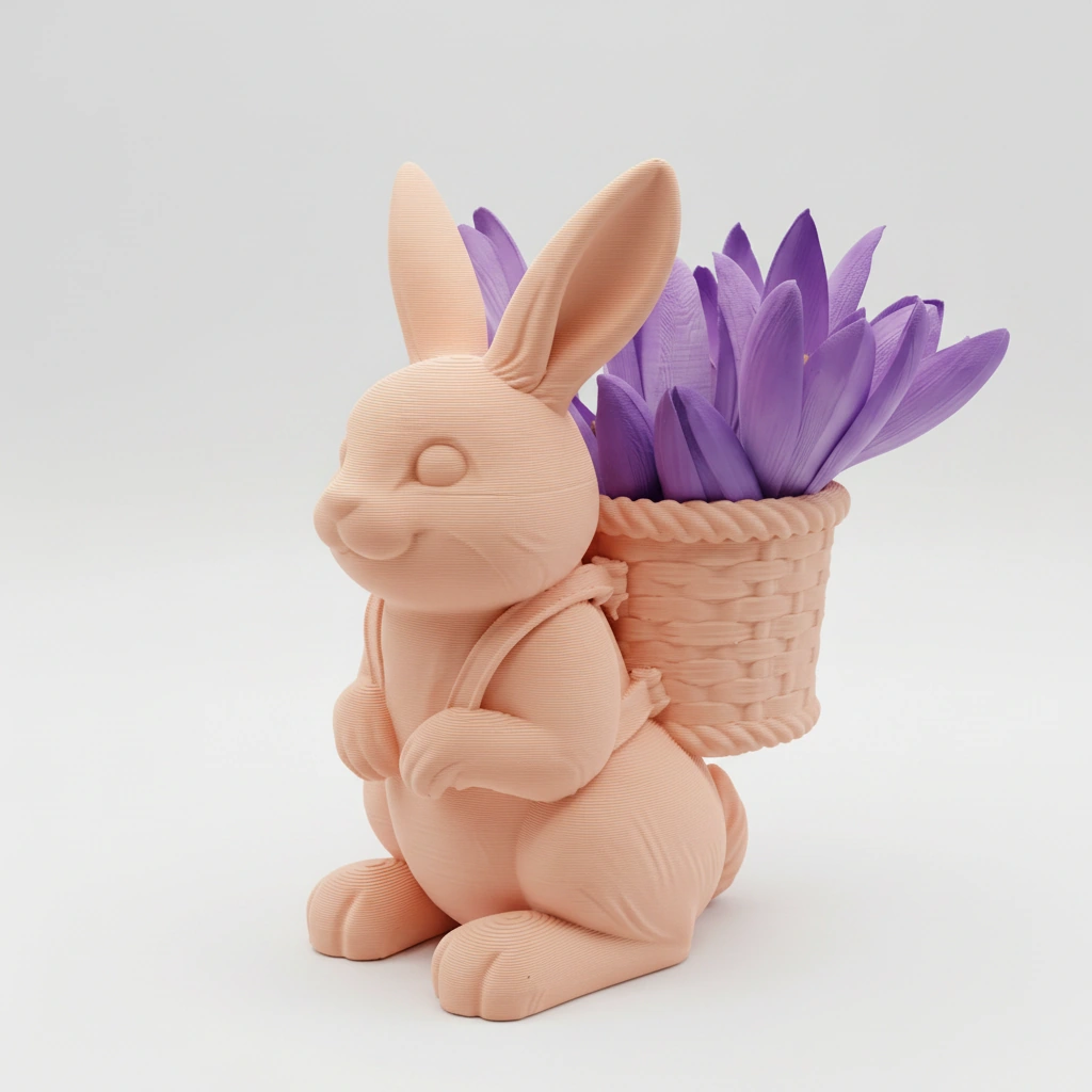 Figurină Decorativă Iepuraș cu Coș pentru Flori Mici 8cm - culoare Skin / Piersică mat, imprimare 3D Vibecraft