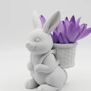 Figurină Decorativă Iepuraș cu Coș pentru Flori Mici 8cm - culoare white studio, produs imprimat 3D Vibecraft