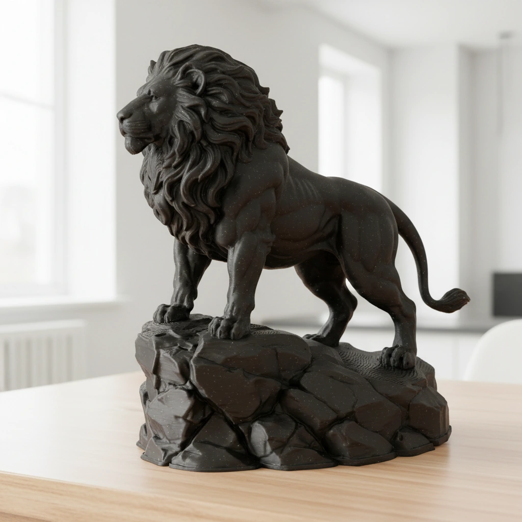 Statueta Decorativa Leu Impunator, Ornament Interior Figurina Animal Salbatic - Negru compozit fibra de carbon, imprimare 3D Vibecraft