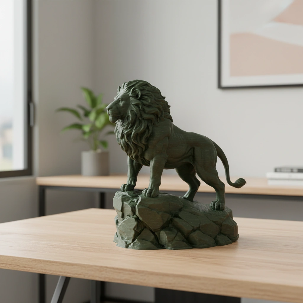 Statueta Decorativa Leu Impunator, Ornament Interior Figurina Animal Salbatic - Olive green compozit fibra de carbon, imprimare 3D Vibecraft