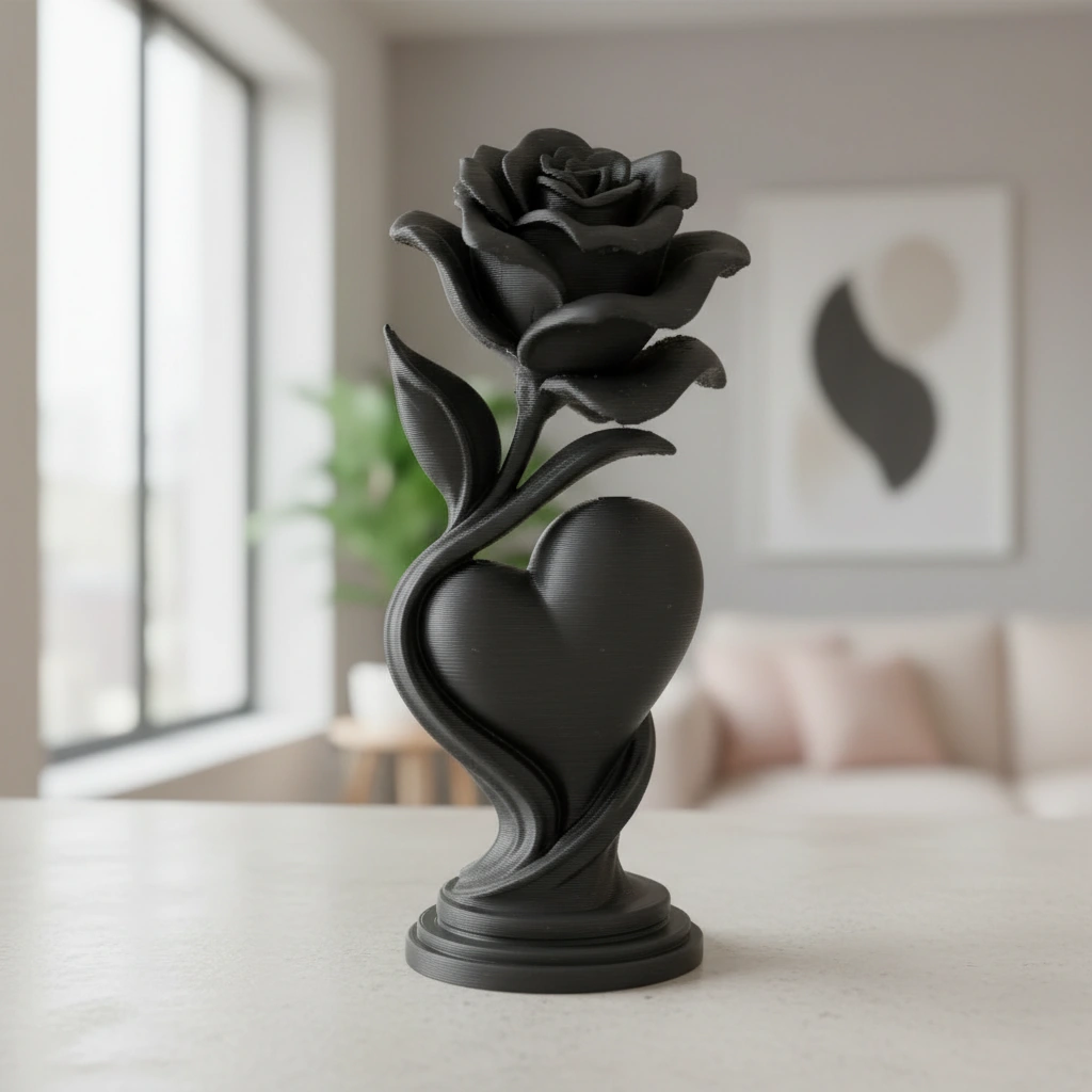 Figurină Decorativă Trandafir și Inimă, Obiect Artistic 3D - Negru compozit fibra de carbon, imprimare 3D Vibecraft
