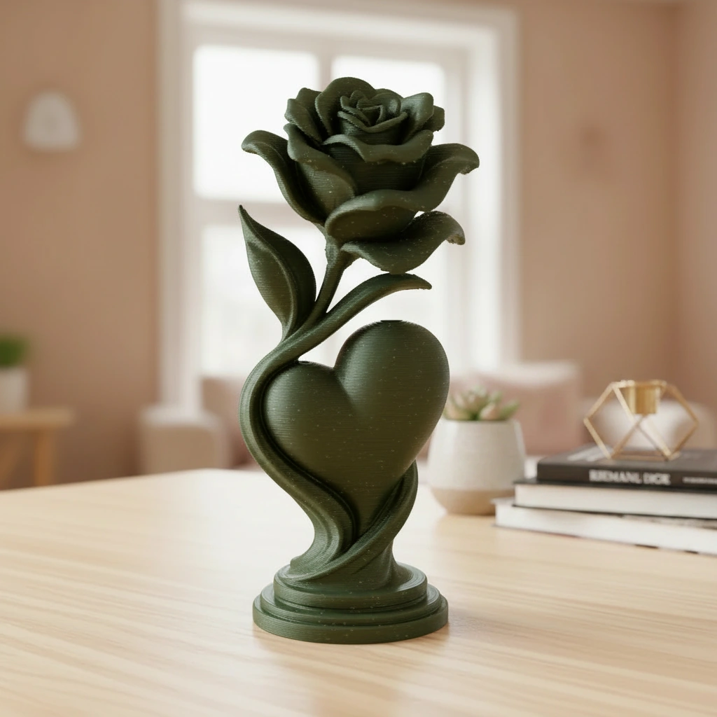 Figurină Decorativă Trandafir și Inimă, Obiect Artistic 3D - Olive green compozit fibra de carbon, imprimare 3D Vibecraft