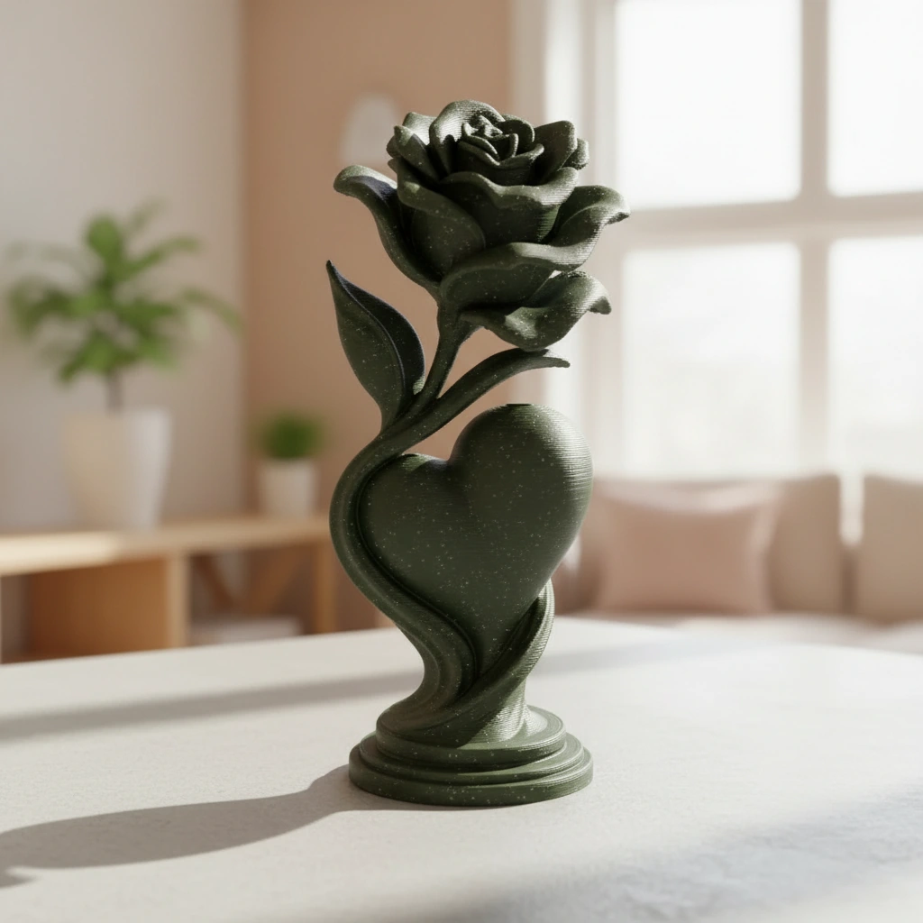 Figurină Decorativă Trandafir și Inimă, Obiect Artistic 3D - Olive green compozit fibra de carbon, imprimare 3D Vibecraft