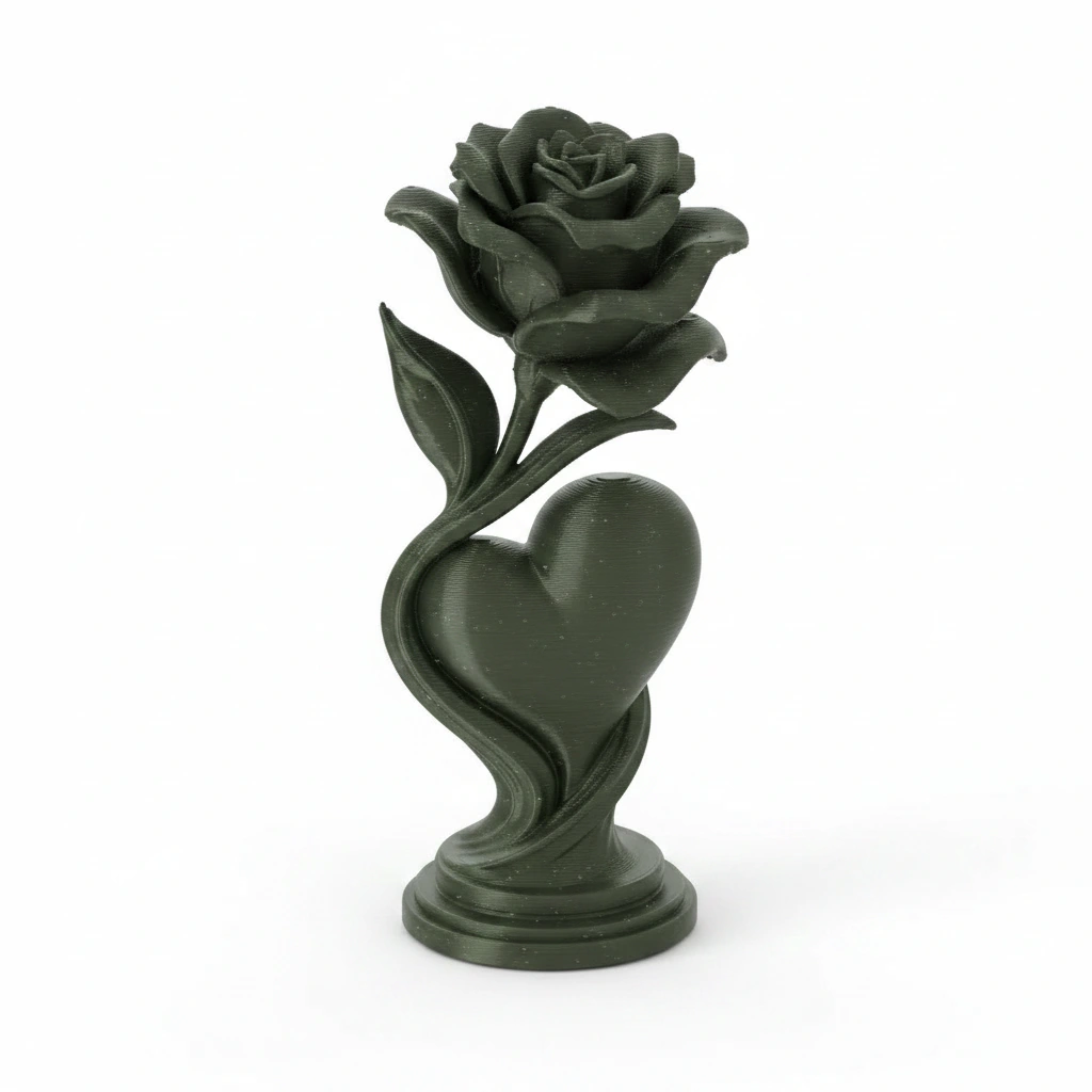 Figurină Decorativă Trandafir și Inimă, Obiect Artistic 3D - Olive green compozit fibra de carbon, imprimare 3D Vibecraft