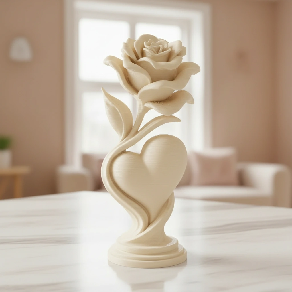 Figurină Decorativă Trandafir și Inimă, Obiect Artistic 3D - culoare white scene, produs imprimat 3D Vibecraft