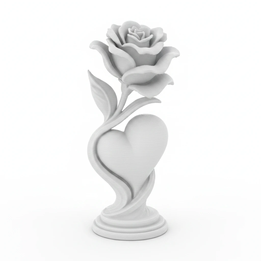 Figurină Decorativă Trandafir și Inimă, Obiect Artistic 3D - culoare white studio, produs imprimat 3D Vibecraft