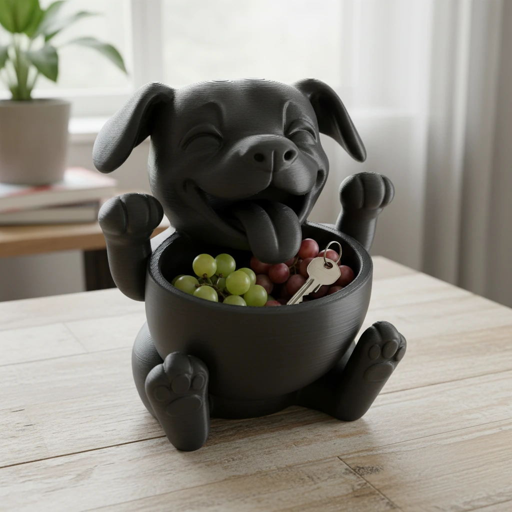 Bol Decorativ Cățeluș Vesel pentru Chei și Obiecte Mici, 15cm - culoare black studio, produs imprimat 3D Vibecraft