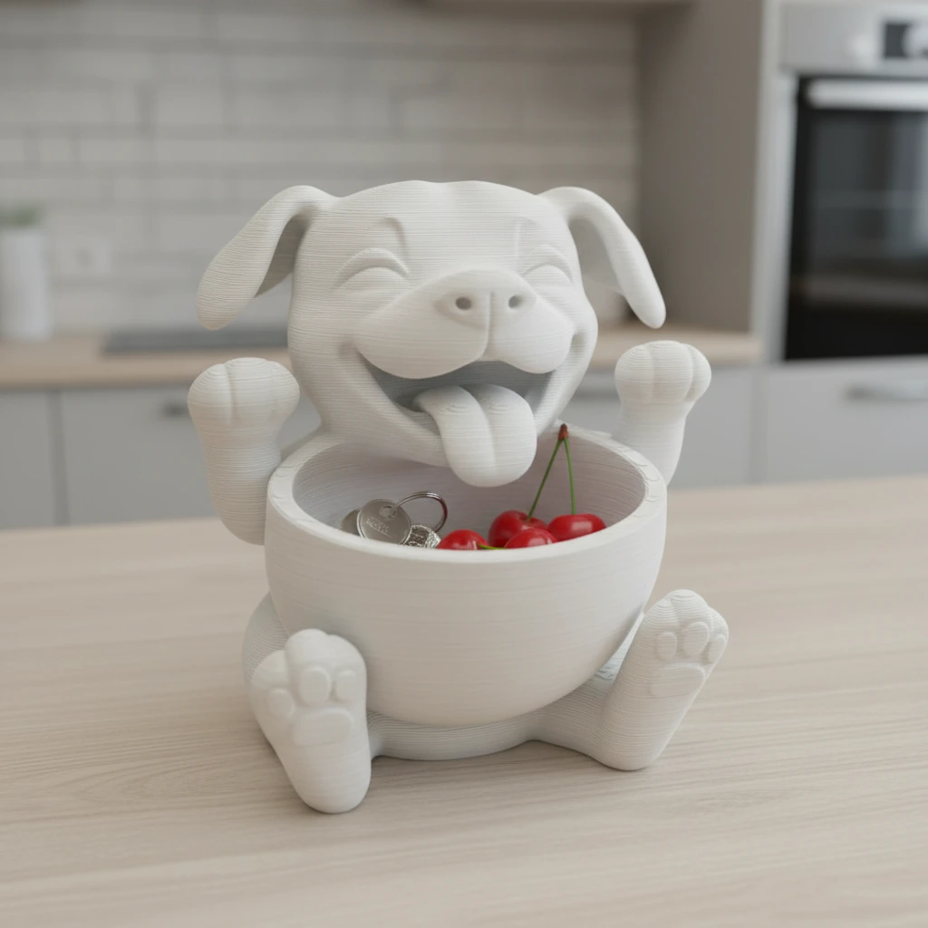Bol Decorativ Cățeluș Vesel pentru Chei și Obiecte Mici, 15cm - culoare white scene, produs imprimat 3D Vibecraft