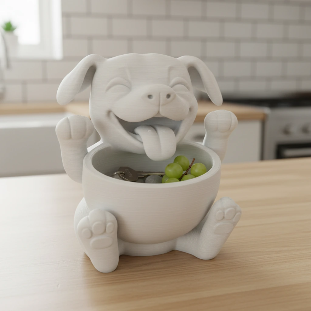 Bol Decorativ Cățeluș Vesel pentru Chei și Obiecte Mici, 15cm - culoare white studio, produs imprimat 3D Vibecraft