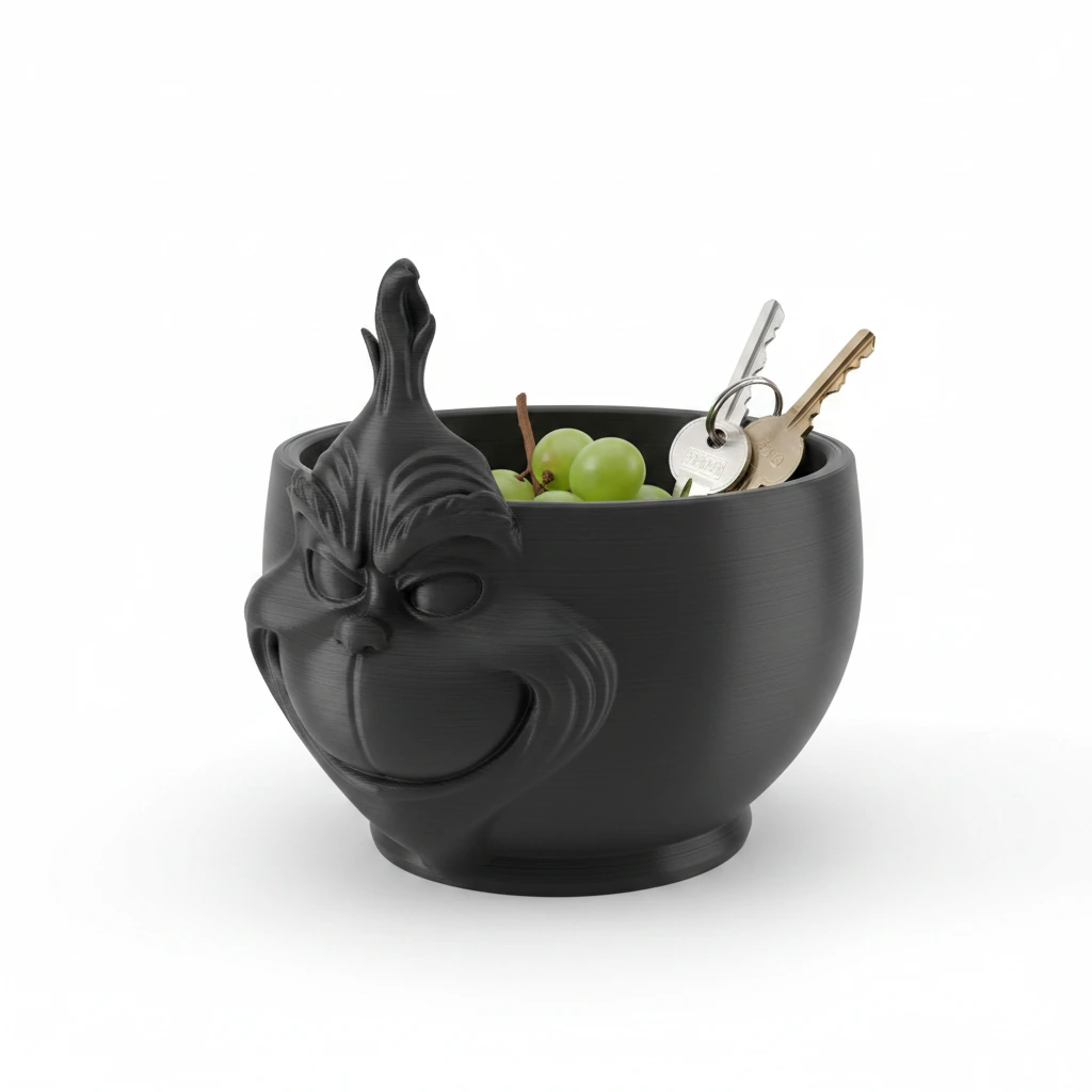 Bol Decorativ cu Zâmbet Grinch, 15 cm, Suport Obiecte Mici, Organizator Casă/Birou - culoare black studio, produs imprimat 3D Vibecraft