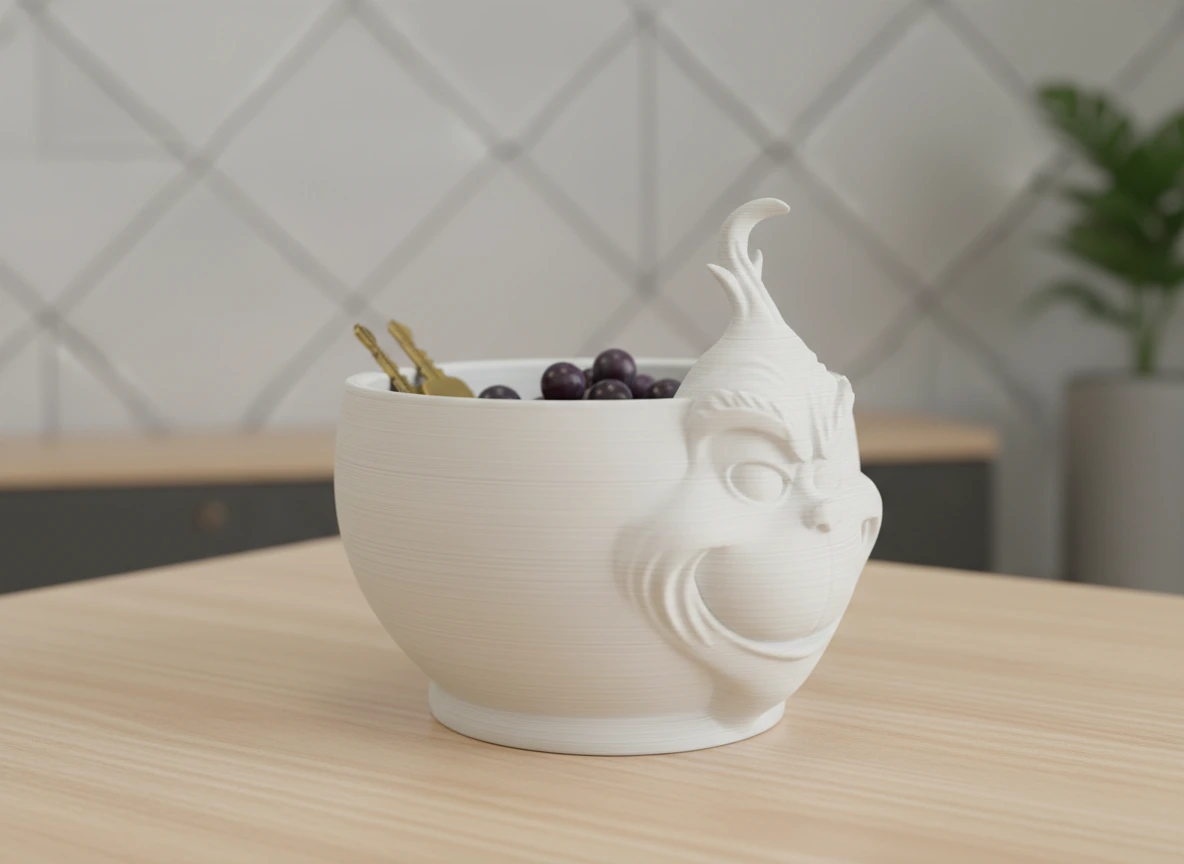 Bol Decorativ cu Zâmbet Grinch, 15 cm, Suport Obiecte Mici, Organizator Casă/Birou - culoare white scene, produs imprimat 3D Vibecraft