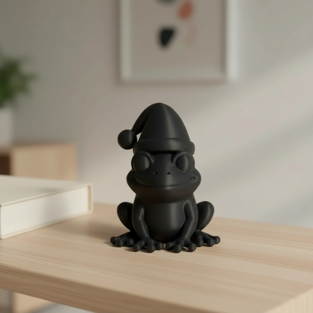 Figurină Decorativă Broască cu Căciuliță, Ornament Design Interior - Negru compozit mat, imprimare 3D Vibecraft