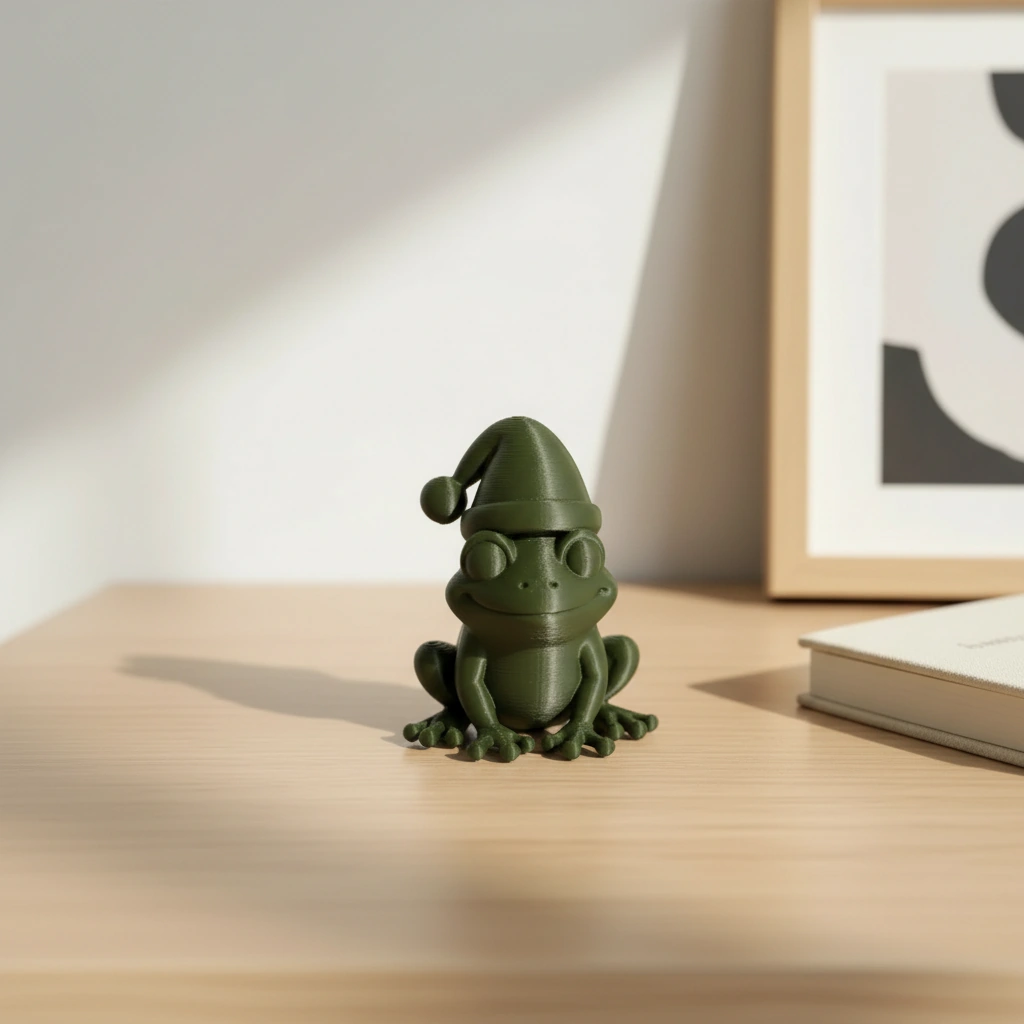 Figurină Decorativă Broască cu Căciuliță, Ornament Design Interior - Olive green compozit mat, imprimare 3D Vibecraft