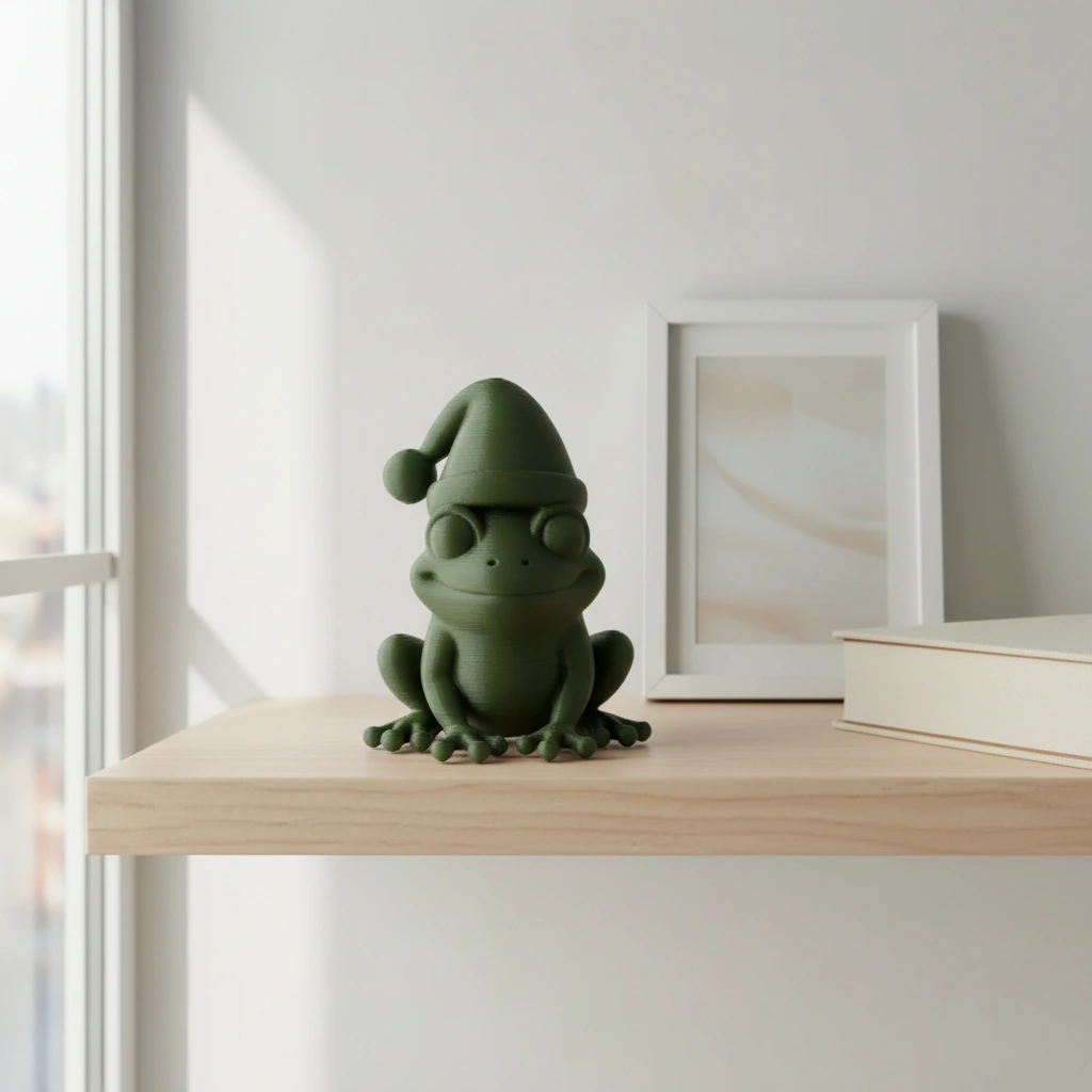 Figurină Decorativă Broască cu Căciuliță, Ornament Design Interior - Olive green compozit mat, imprimare 3D Vibecraft