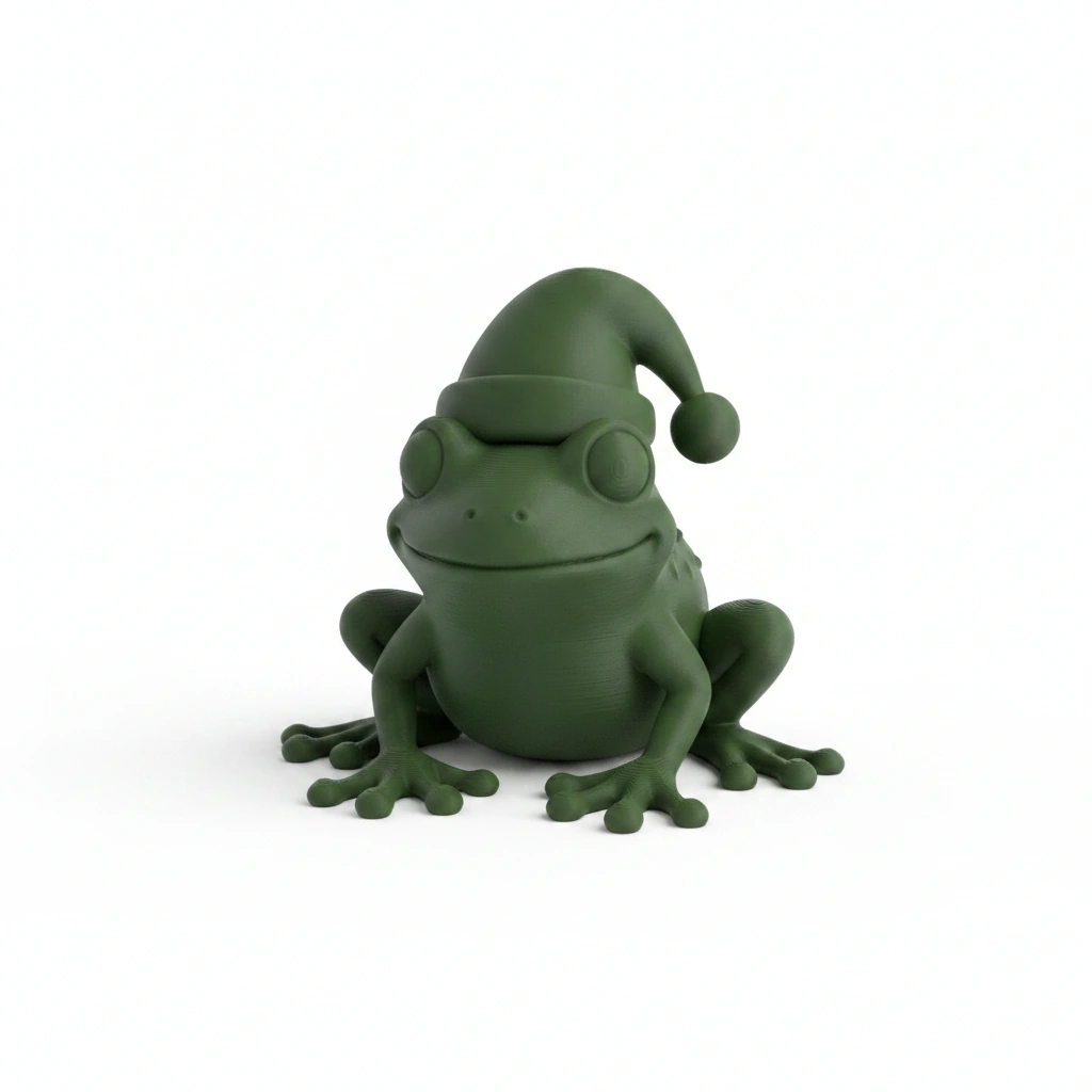 Figurină Decorativă Broască cu Căciuliță, Ornament Design Interior - Olive green compozit mat, imprimare 3D Vibecraft