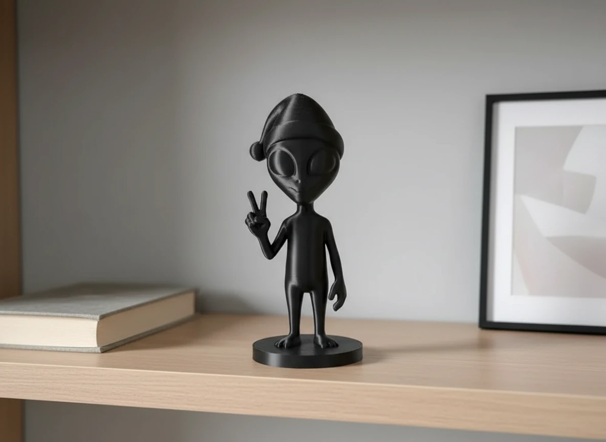 Figurina Alien Decorativa cu Caciula Festiva, Imprimata 3D, 7 cm - culoare black studio, produs imprimat 3D Vibecraft