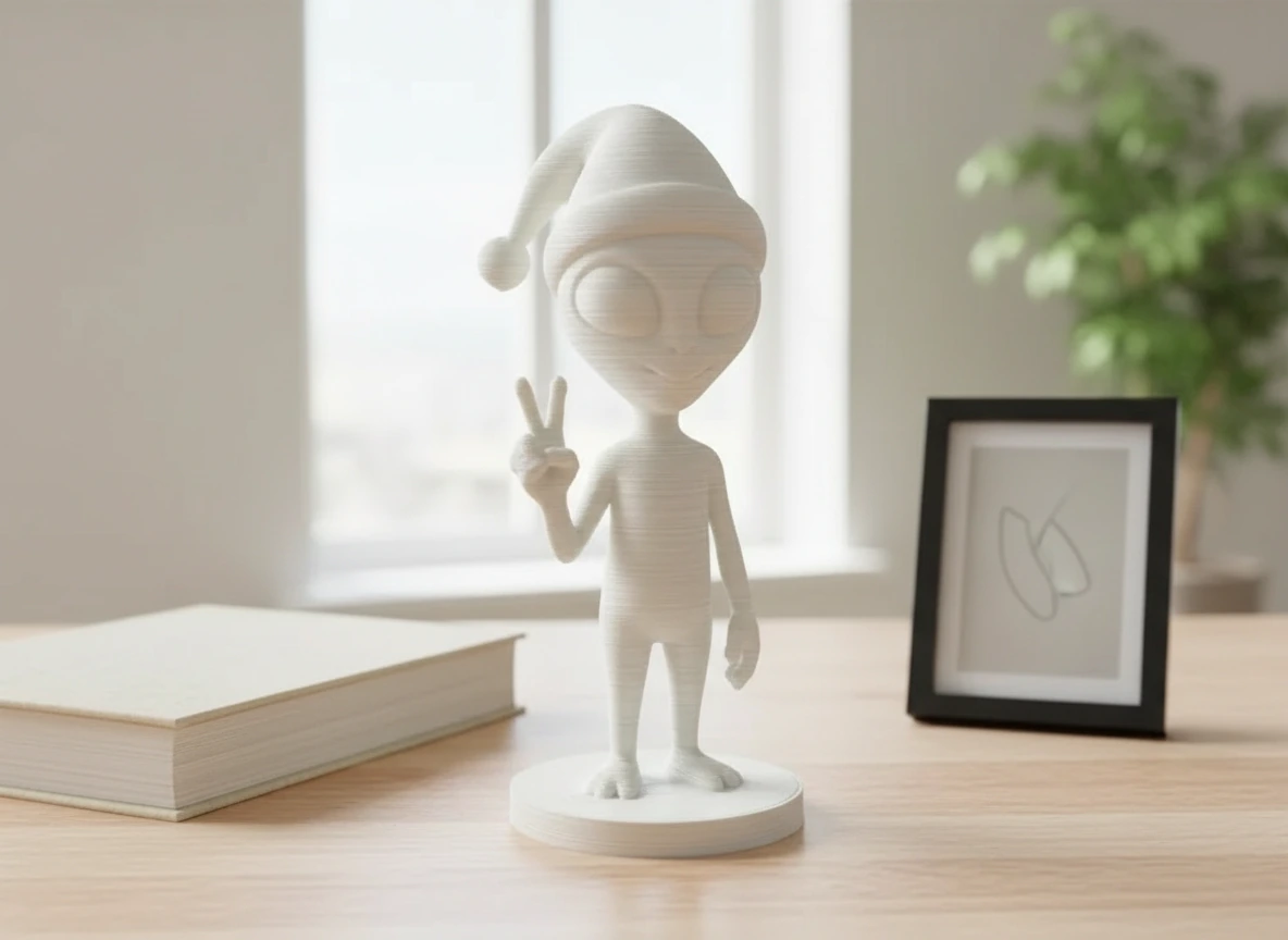 Figurina Alien Decorativa cu Caciula Festiva, Imprimata 3D, 7 cm - culoare white scene, produs imprimat 3D Vibecraft