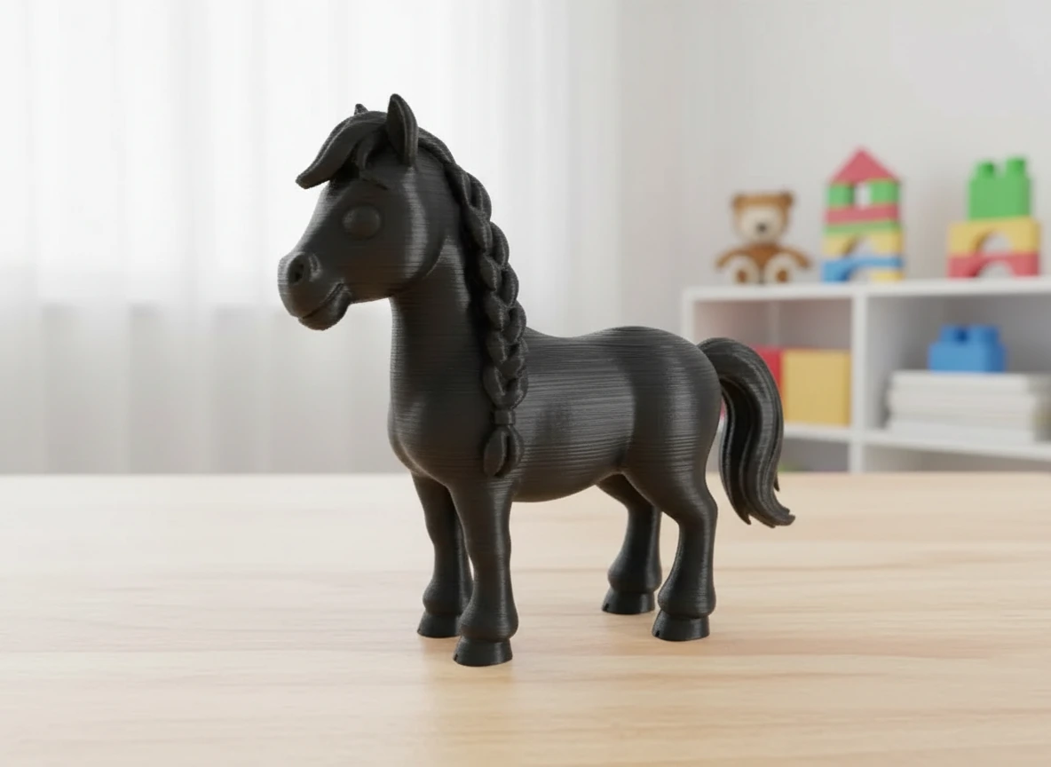 Figurină Cal cu Coamă Împletită, Imprimată 3D, Jucărie și Decor - culoare black studio, produs imprimat 3D Vibecraft