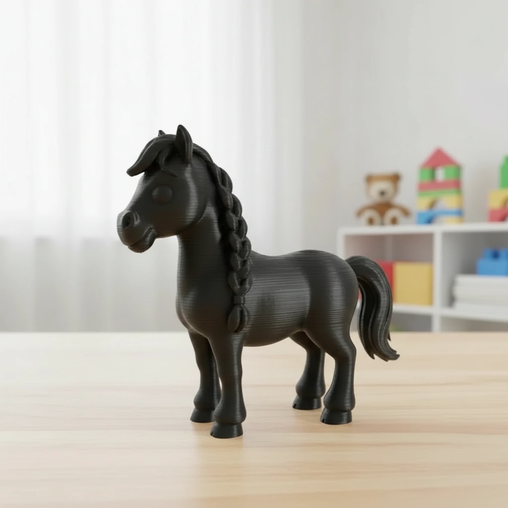 Figurină Cal cu Coamă Împletită, Imprimată 3D, Jucărie și Decor - Negru compozit mat, imprimare 3D Vibecraft