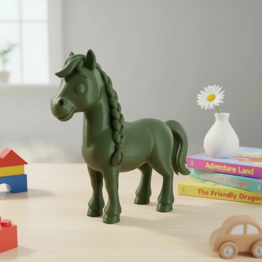 Figurină Cal cu Coamă Împletită Decorativă 7 cm - culoare Verde, imprimare 3D Vibecraft