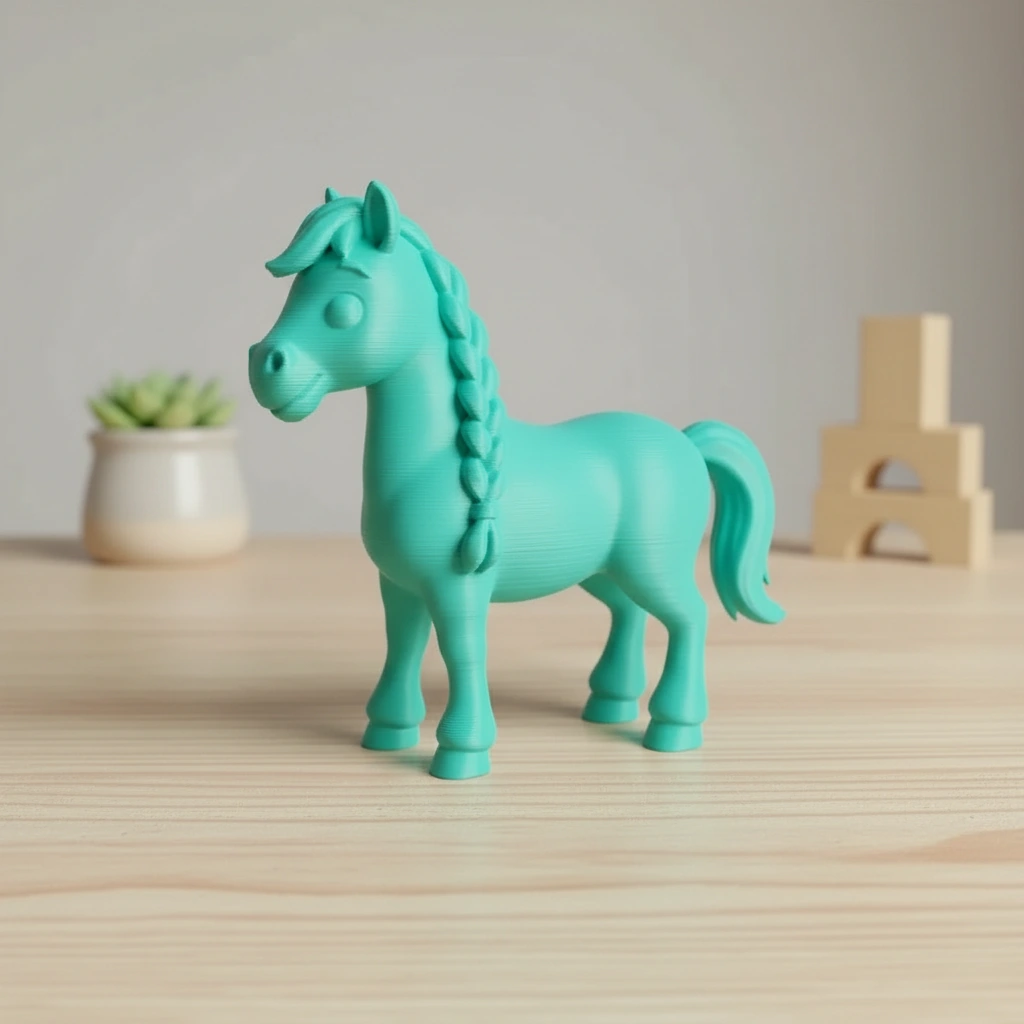 Figurină Cal cu Coamă Împletită Decorativă 7 cm - culoare Albastru verzui, imprimare 3D Vibecraft