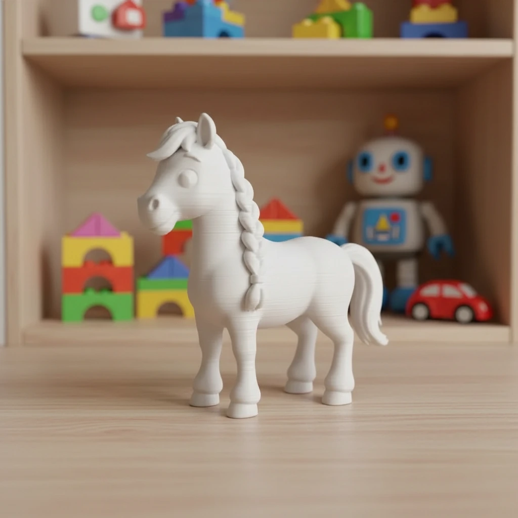 Figurină Cal cu Coamă Împletită, Imprimată 3D, Jucărie și Decor - culoare white studio, produs imprimat 3D Vibecraft