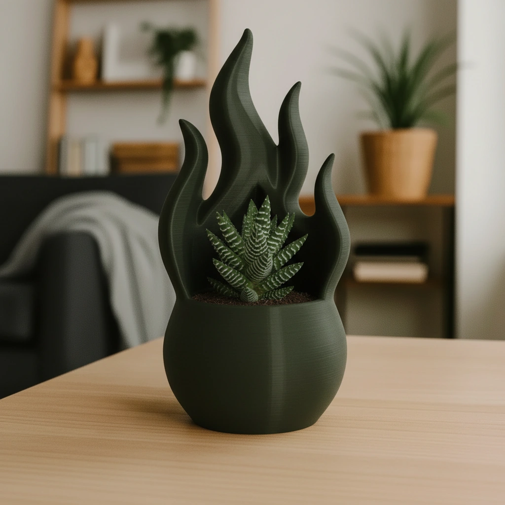 Jardinieră Decorativă Design Flacără Modernă pentru Plante Mici - culoare Verde, imprimare 3D Vibecraft