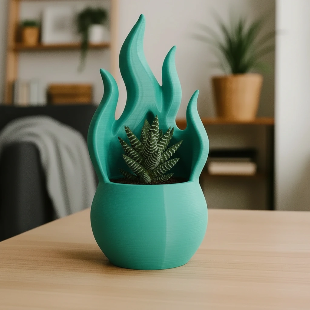 Jardinieră Decorativă Design Flacără Modernă pentru Plante Mici - culoare Albastru verzui, imprimare 3D Vibecraft