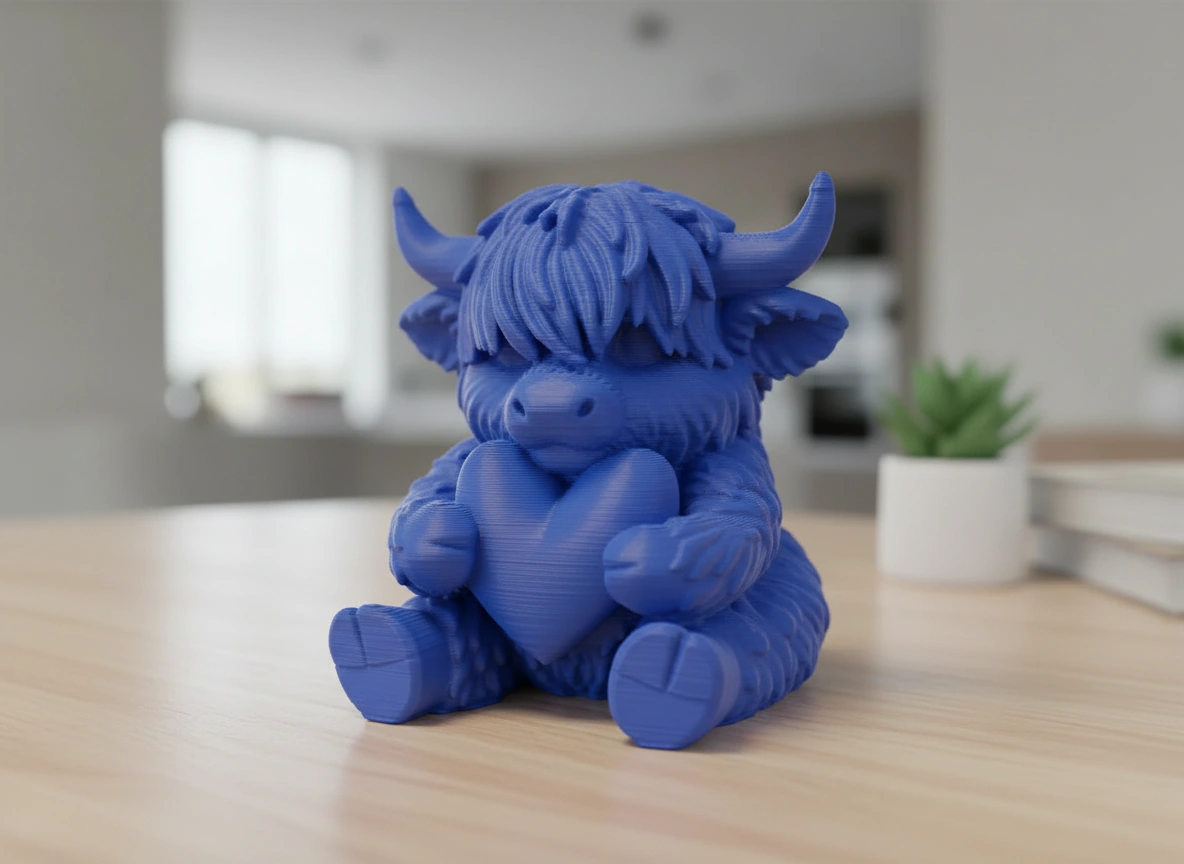 Figurină Decorativă Vițeluș Highland cu Inimă, Simbol Afecțiune - culoare Albastru, imprimare 3D Vibecraft