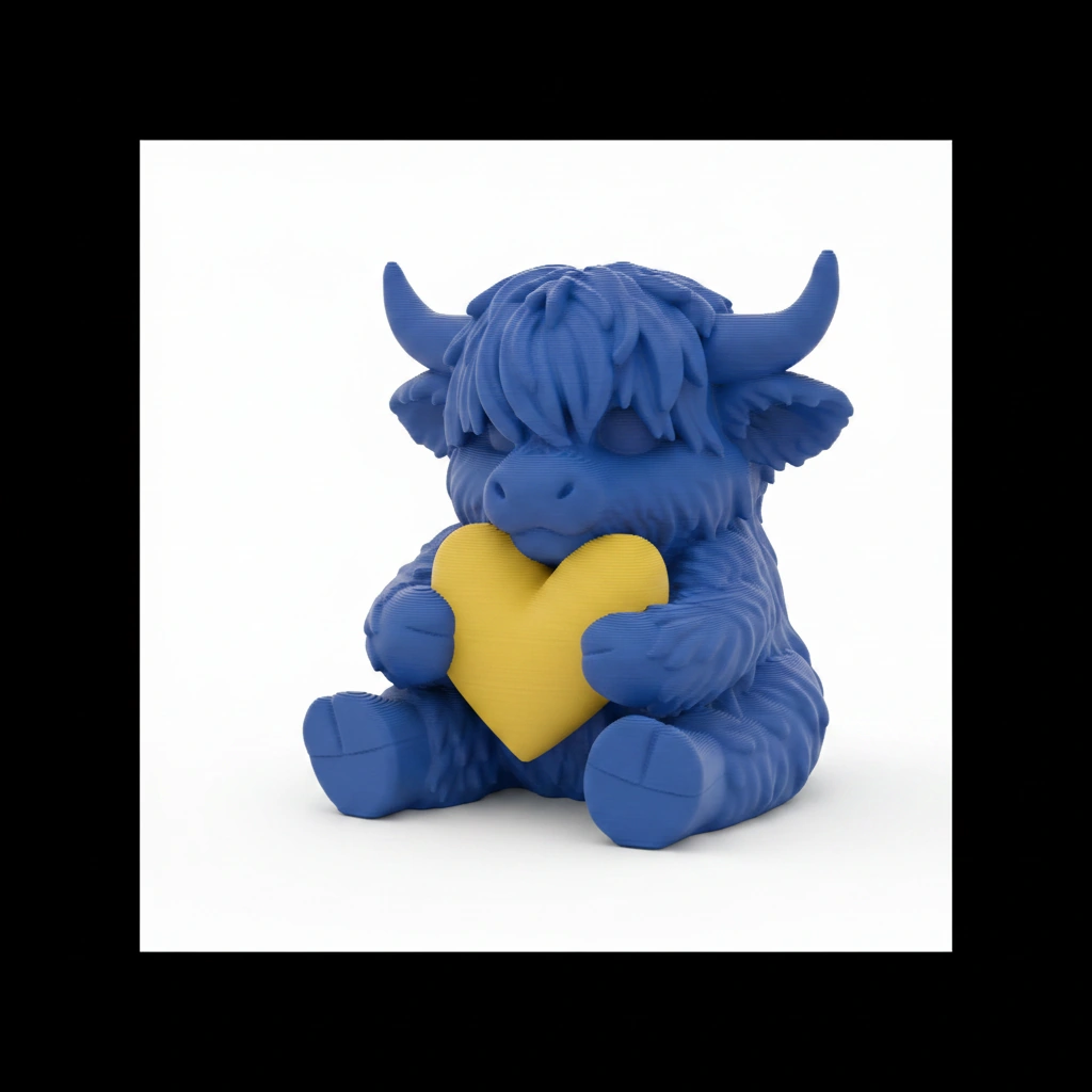Figurină Decorativă Vițeluș Highland cu Inimă, Simbol Afecțiune - culoare Albastru, imprimare 3D Vibecraft