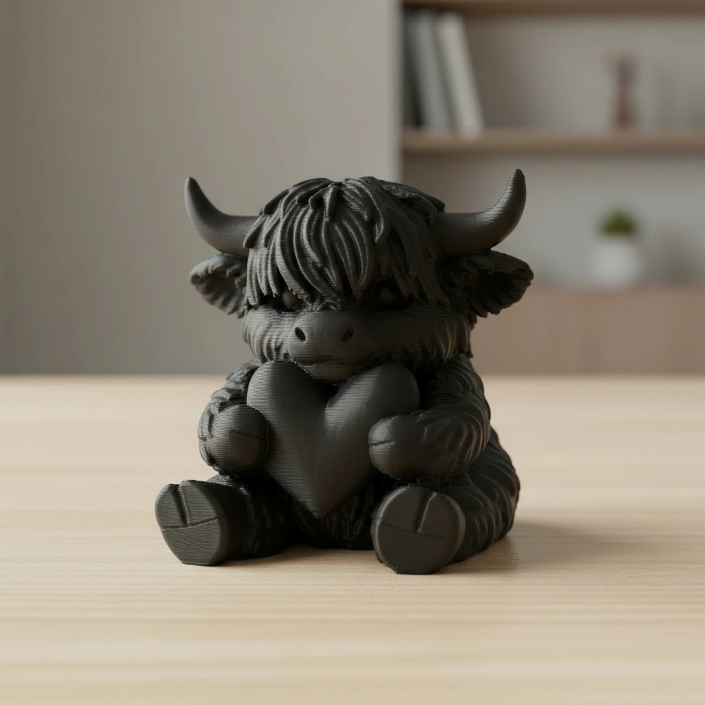 Figurină Decorativă Vițeluș Highland cu Inimă, Simbol Afecțiune - Negru compozit fibra de carbon, imprimare 3D Vibecraft