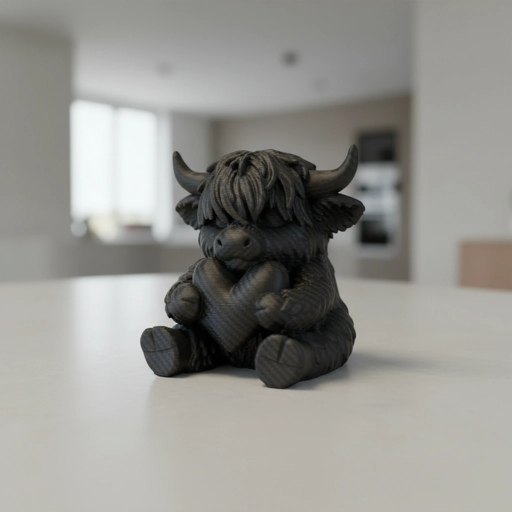 Figurină Decorativă Vițeluș Highland cu Inimă, Simbol Afecțiune - Negru compozit fibra de carbon, imprimare 3D Vibecraft