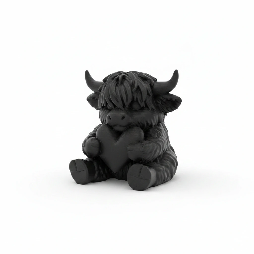 Figurină Decorativă Vițeluș Highland cu Inimă, Simbol Afecțiune - Negru compozit fibra de carbon, imprimare 3D Vibecraft