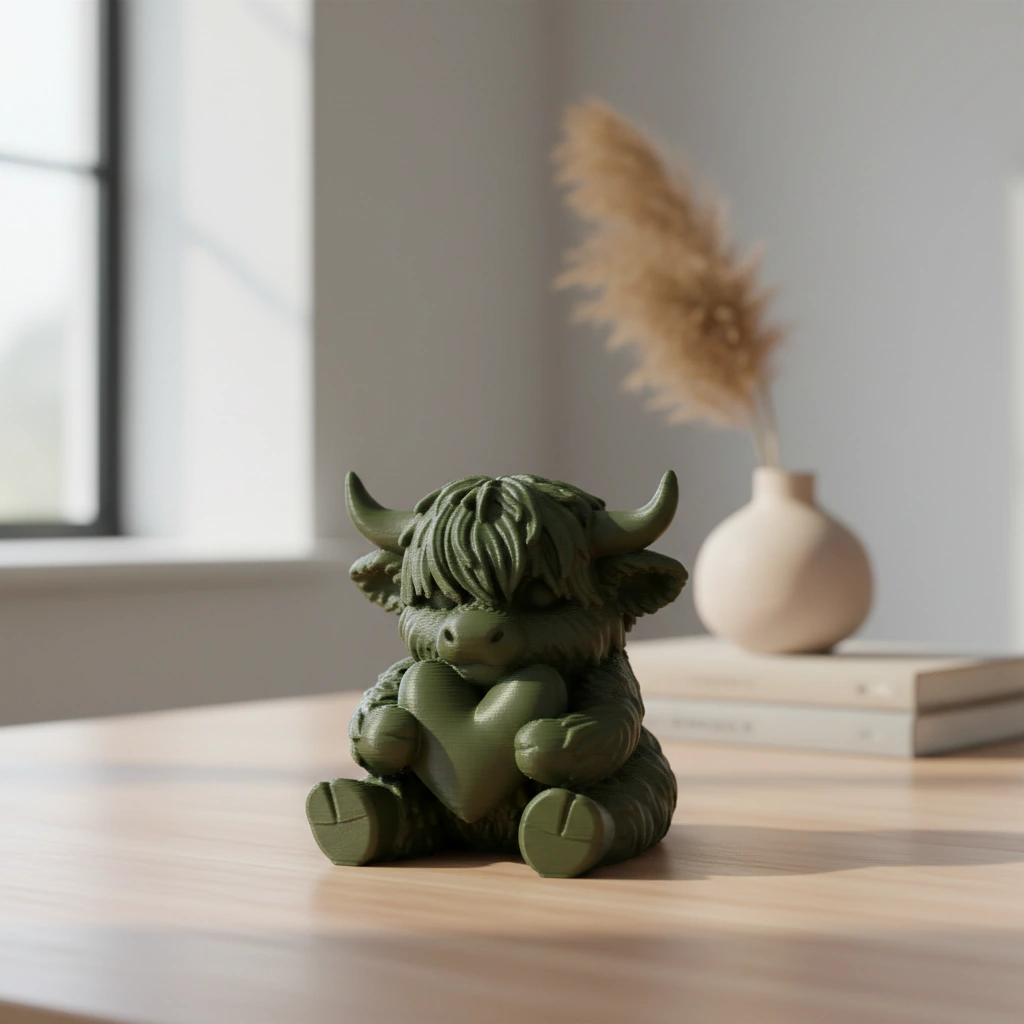 Figurină Decorativă Vițeluș Highland cu Inimă, Simbol Afecțiune - Olive green compozit fibra de carbon, imprimare 3D Vibecraft