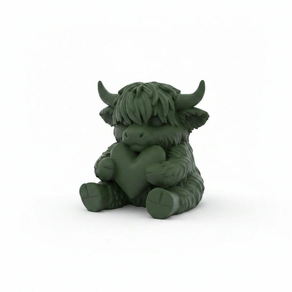 Figurină Decorativă Vițeluș Highland cu Inimă, Simbol Afecțiune - Olive green compozit fibra de carbon, imprimare 3D Vibecraft