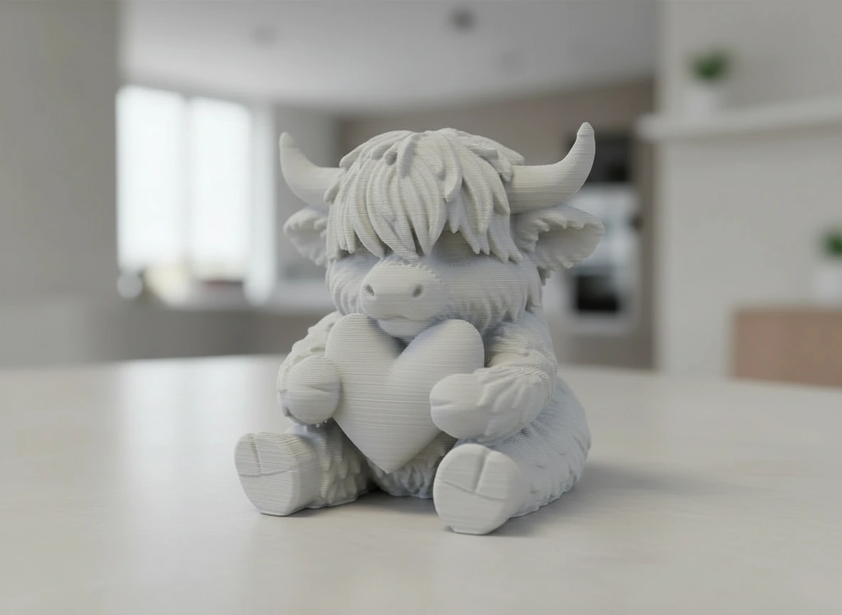 Figurină Decorativă Vițeluș Highland cu Inimă, Simbol Afecțiune - culoare Gri, imprimare 3D Vibecraft