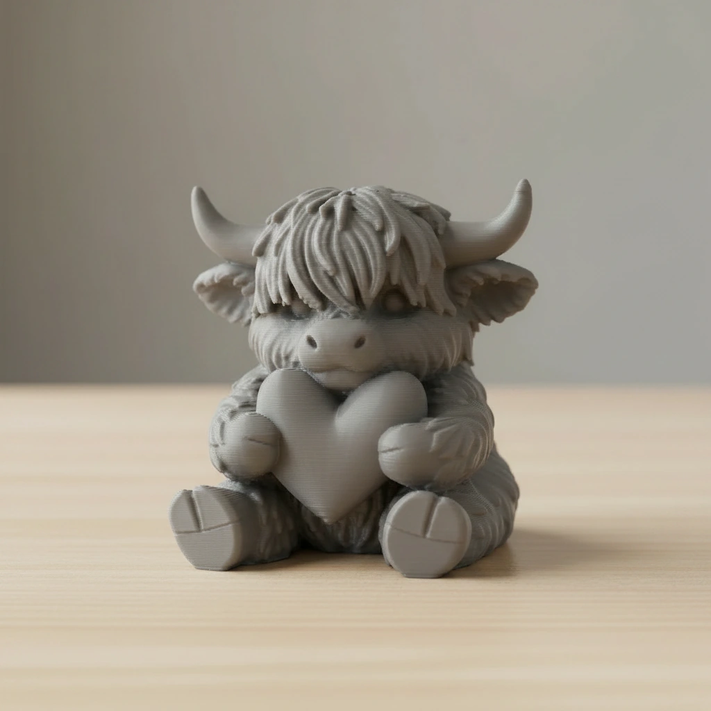 Figurină Decorativă Vițeluș Highland cu Inimă, Simbol Afecțiune - culoare Gri, imprimare 3D Vibecraft