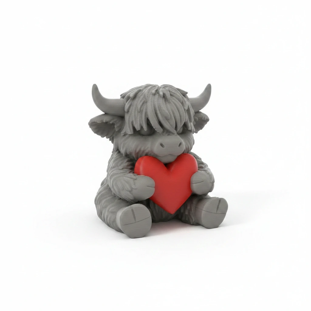 Figurină Decorativă Vițeluș Highland cu Inimă, Simbol Afecțiune - culoare Gri, imprimare 3D Vibecraft