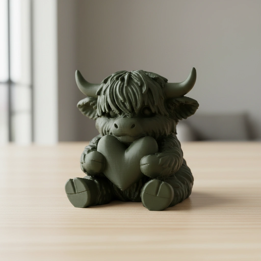 Figurină Decorativă Vițeluș Highland cu Inimă, Simbol Afecțiune - culoare Verde, imprimare 3D Vibecraft