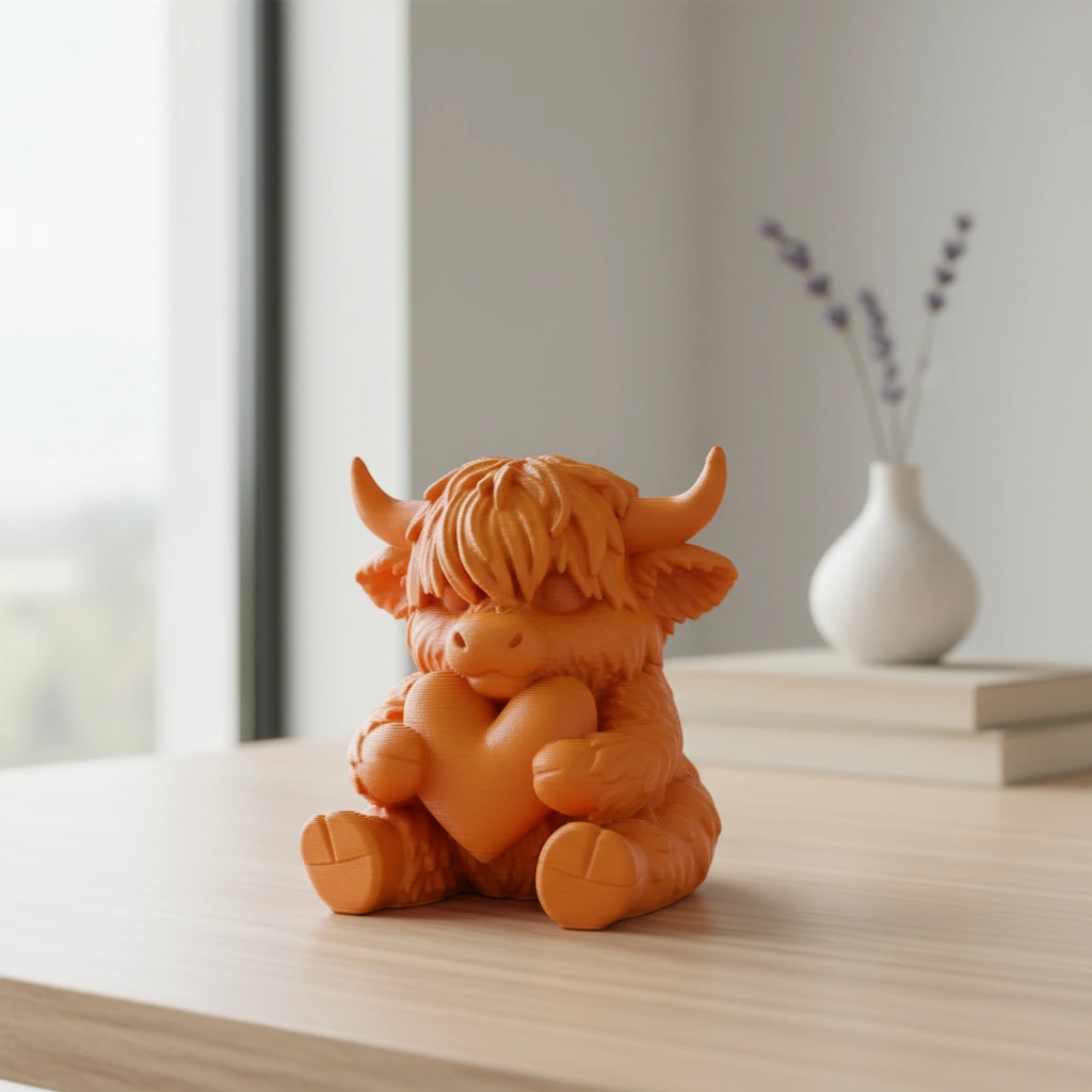 Figurină Decorativă Vițeluș Highland cu Inimă, Simbol Afecțiune - culoare Portocaliu, imprimare 3D Vibecraft