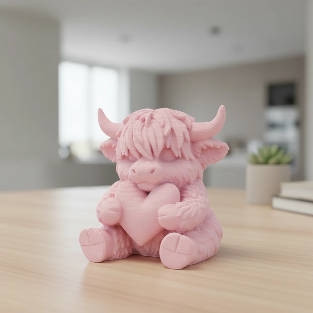 Figurină Decorativă Vițeluș Highland cu Inimă, Simbol Afecțiune - culoare Roz, imprimare 3D Vibecraft