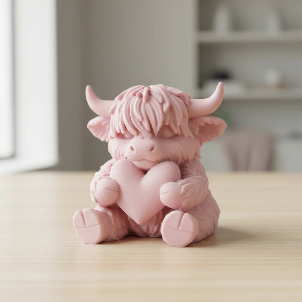 Figurină Decorativă Vițeluș Highland cu Inimă, Simbol Afecțiune - culoare Roz, imprimare 3D Vibecraft