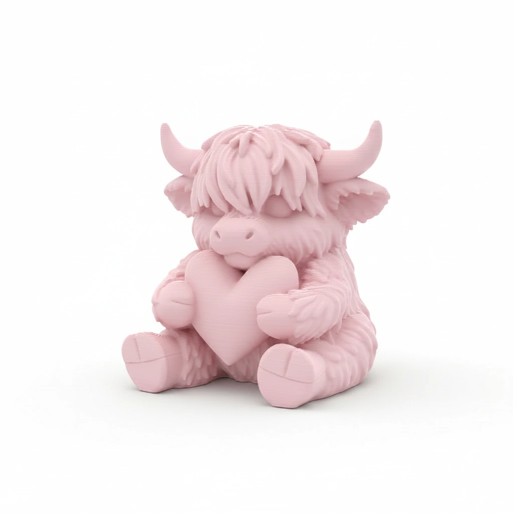 Figurină Decorativă Vițeluș Highland cu Inimă, Simbol Afecțiune - culoare Roz, imprimare 3D Vibecraft